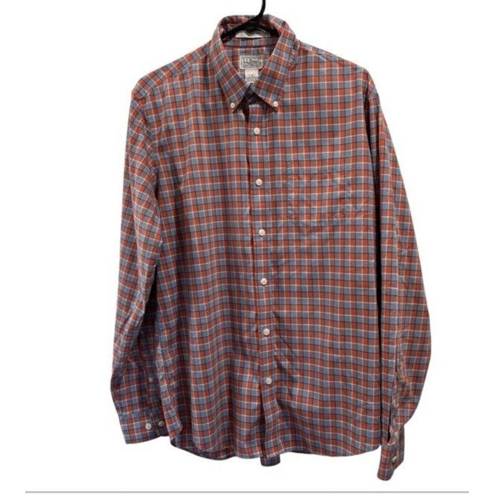 LL Bean Shirt Mens size Large Wrinkle Free Slim Fit Orange Blue Plaid Cotton